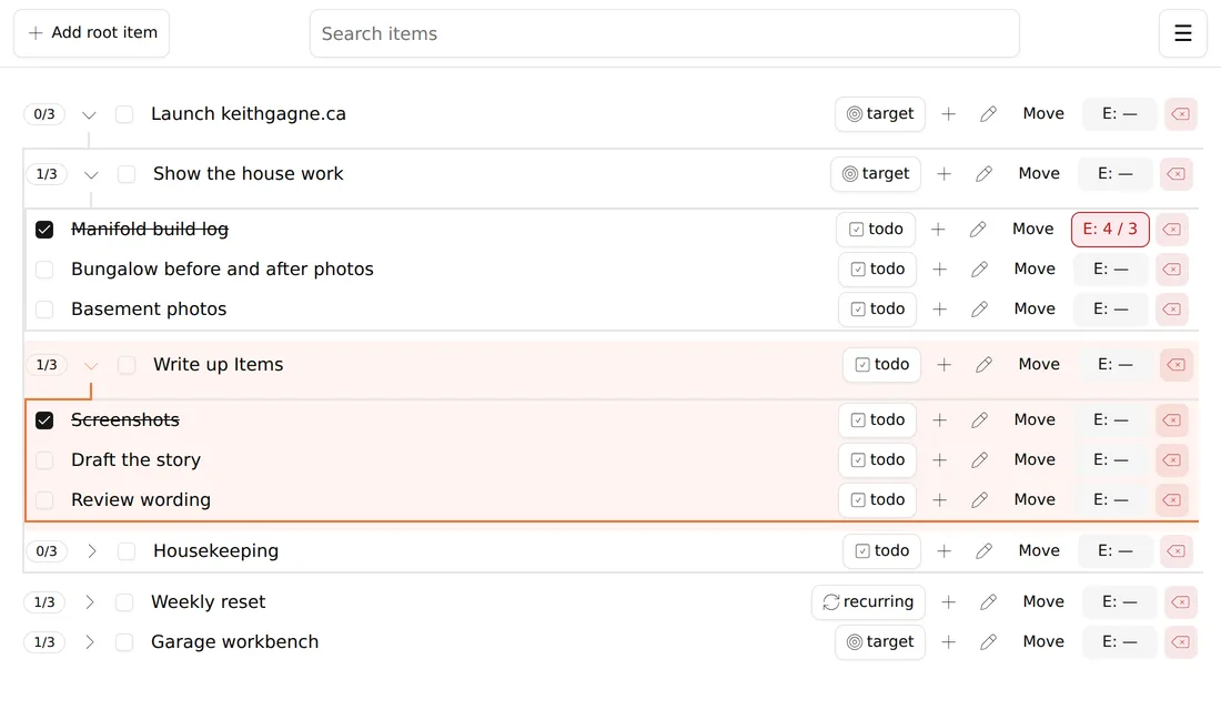 Items on a wide screen: a target expanded into nested targets and to-dos, each with a completion count.
