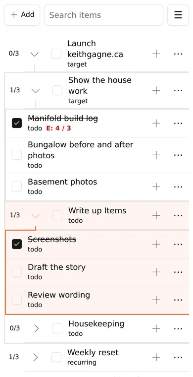 Items on a phone, showing the same tree of tasks.