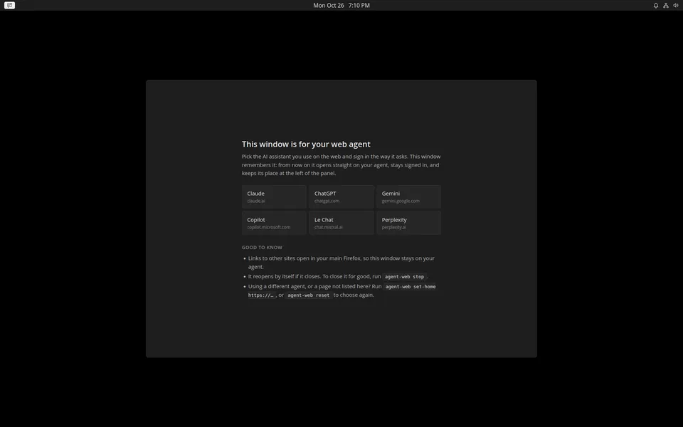 The limDE desktop on first login: a thin panel along the top with the date and time, and the agent window’s welcome page listing Claude, ChatGPT, Gemini, Copilot, Le Chat and Perplexity.