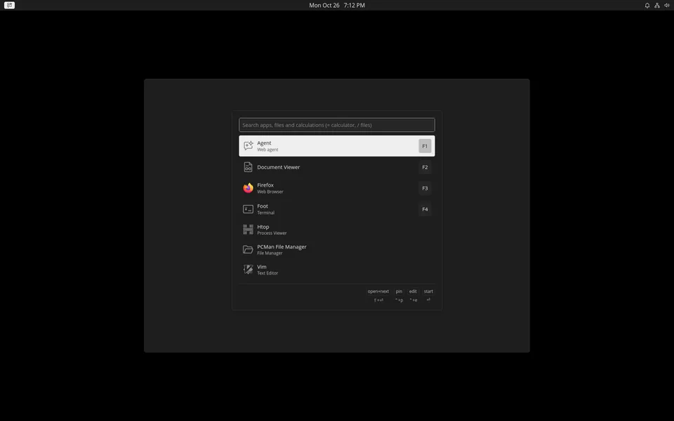 The Walker launcher: a search box for apps, files and calculations above a list of Agent, Document Viewer, Firefox, Foot, Htop, PCMan File Manager and Vim.