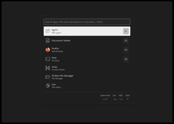 The limDE desktop with the Walker launcher open: a search box for apps, files and calculations above a list of Agent, Document Viewer, Firefox, Foot, Htop, PCMan File Manager and Vim.