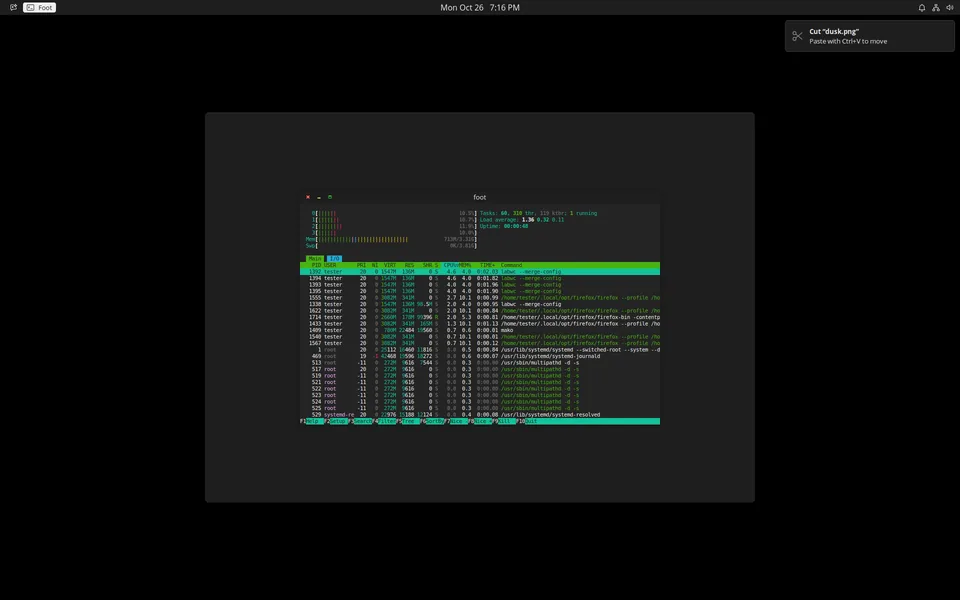 The foot terminal running htop in a four-CPU virtual machine, showing about 713 MB of memory in use, with a notification in the corner reading Cut “dusk.png”, paste with Ctrl+V to move.